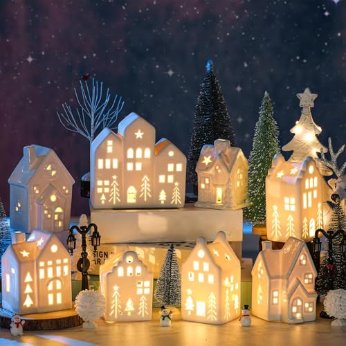 Ceramic Christmas Village Set with LED Houses and Trees H2141