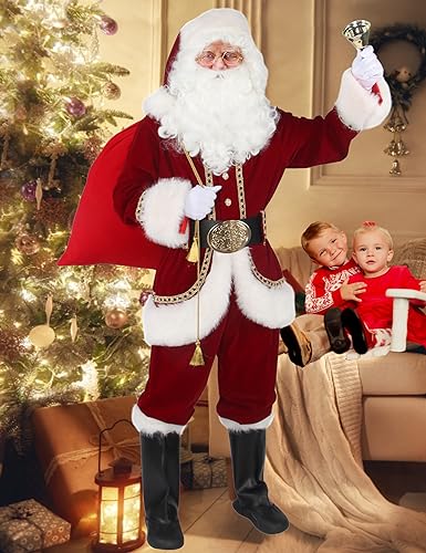 Men's Deluxe Santa Claus Costume 11pcs Red Adult Christmas Outfit H412