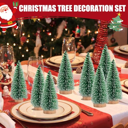 12 Pcs Mini Christmas Trees with Lights, 4" Artificial Bottle Brush Trees with Wooden Bases for Table Decor F11400