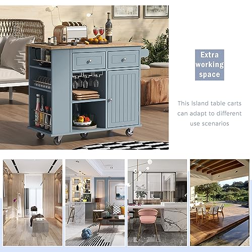 Wood Kitchen Island Cart with Locking Wheels and Wine Rack I645013