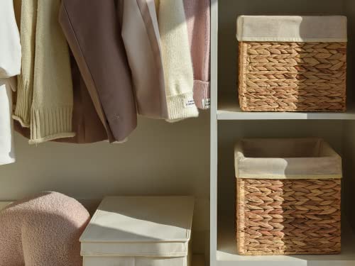 Wicker Storage Cubes with Liners, Water Hyacinth Baskets for Shelving, Handwoven Square Baskets, Medium, 4 Pack D5574