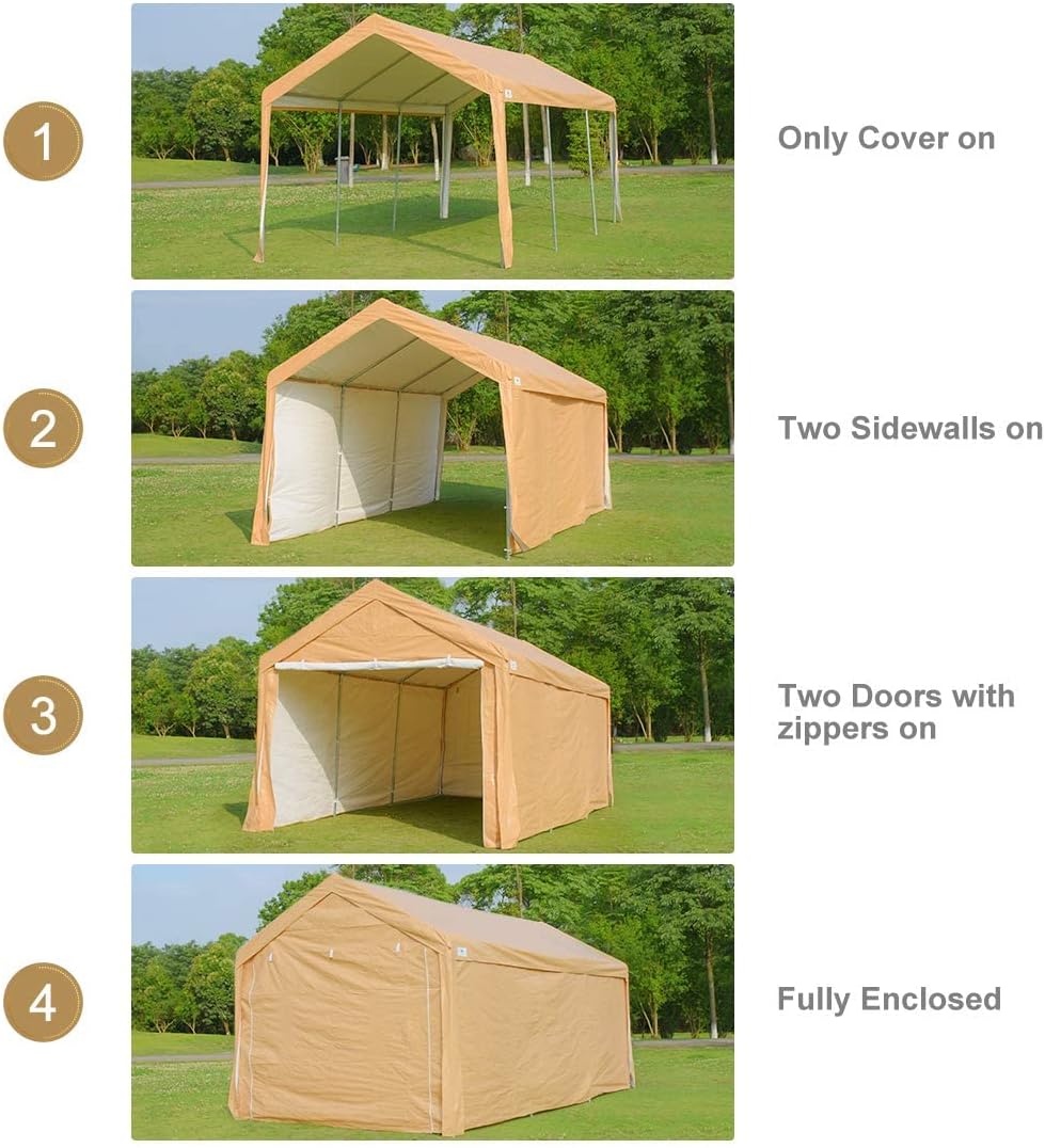 Heavy Duty Carport Canopy Garage Shelter with Removable Sidewalls, Beige H342913