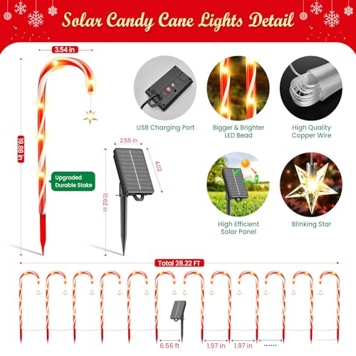Solar Candy Cane Lights for Outdoor Christmas Decor, 72 LEDs, 10 Modes N711