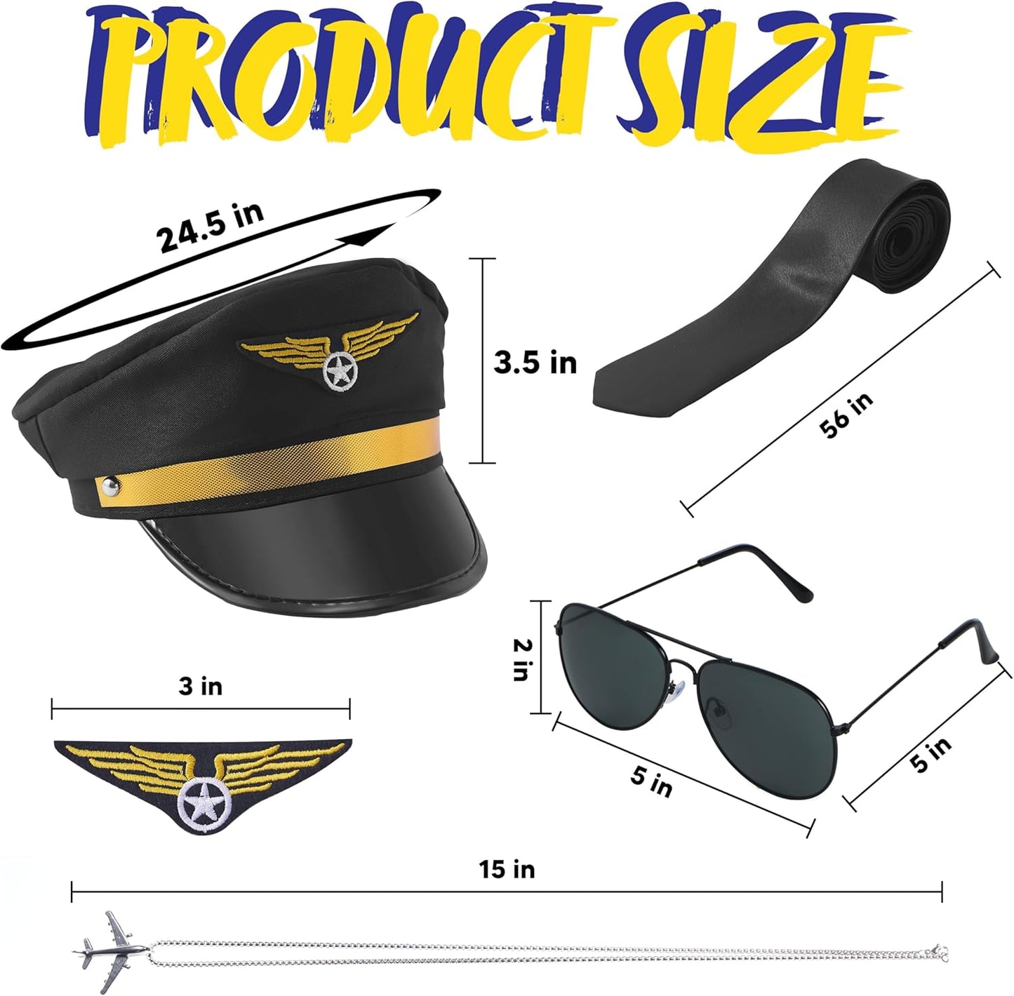 Airline Pilot Captain Costume Kit, 5 PCS Dress Up Accessory Set with Sunglasses, Tie, Hat, Wings Patch and Necklace J7882