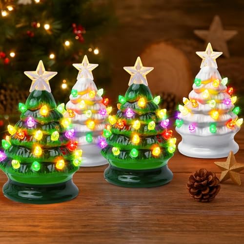 5 Inch Mini Ceramic Christmas Tree Set - 4 Pack Pre-lit Tabletop with Multicolored LED Lights H9498
