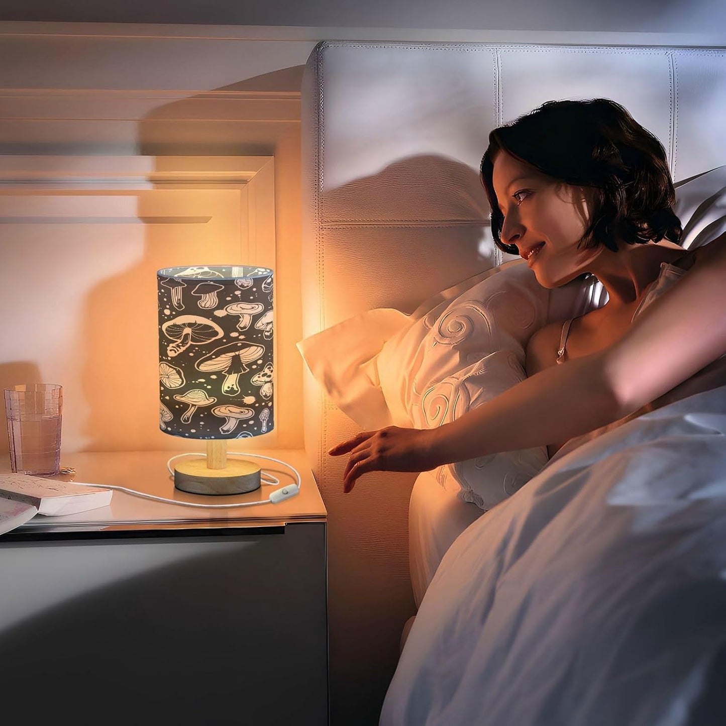 Mushroom Bedside Table Lamp with USB Port, Eye-Care LED Reading Light C86584