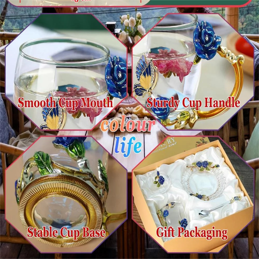 Enamel Glass Tea Cup with Lid, Coaster and Spoon, Vintage Blue Rose Design, 320ml G7377