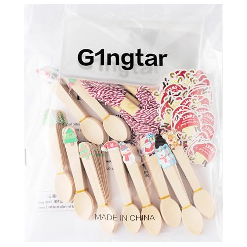 Christmas Wooden Spoons 100 Pack Disposable with Snowman Tree Tags U995