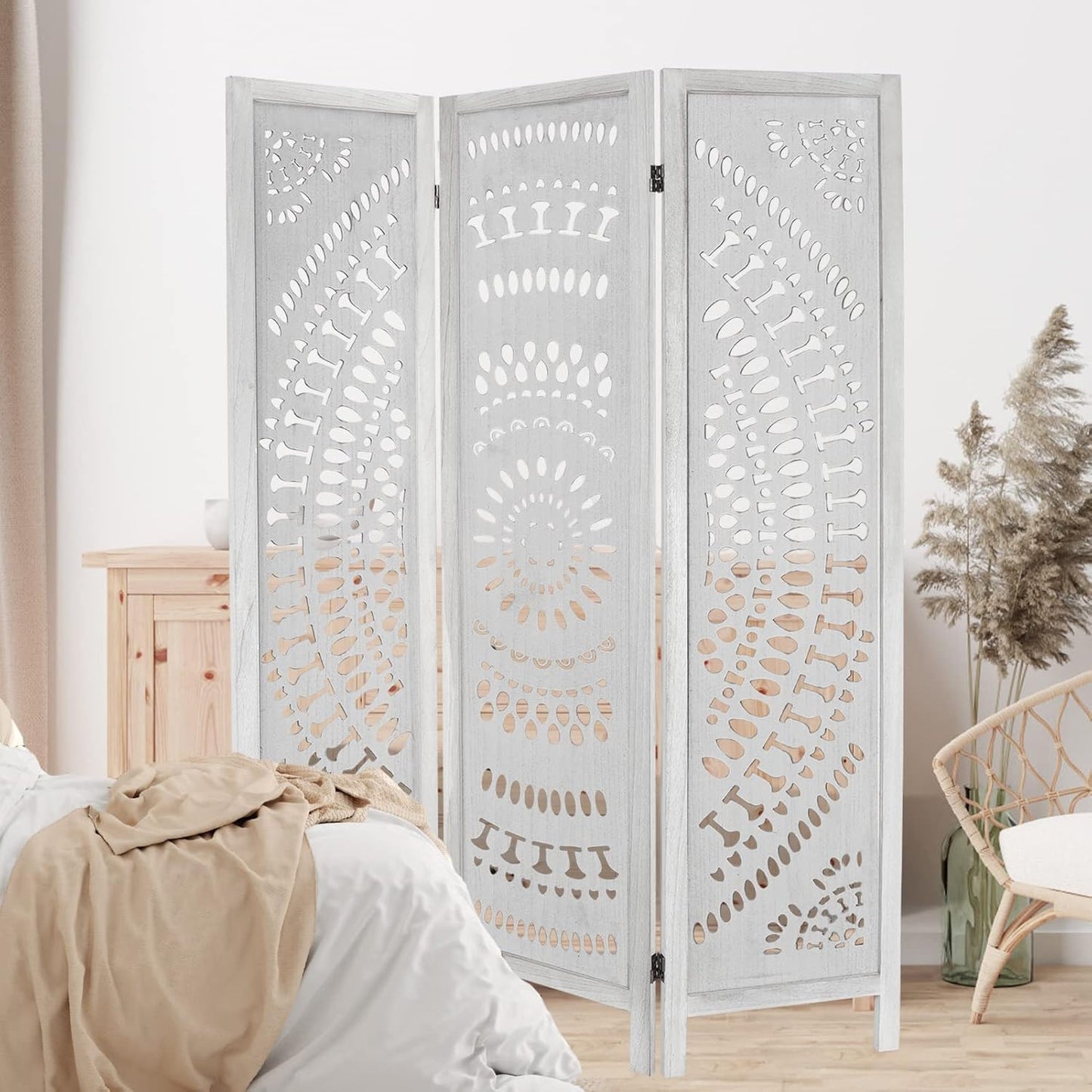 3 Panel Carved Wood Room Divider, 5.6ft Tall Folding Privacy Screen, White L96025