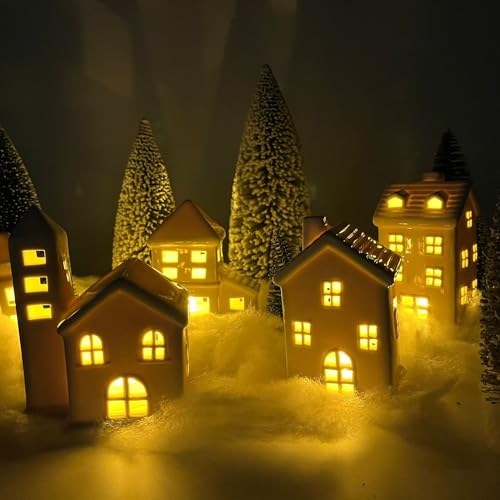 Ceramic Christmas Village Houses with Trees and Fake Snow E85270