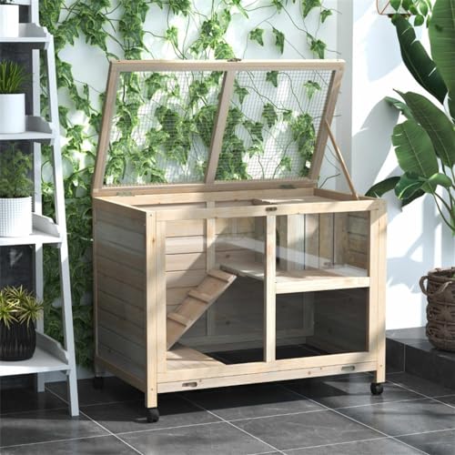 Wooden Rabbit Hutch with Tray, Wheels, Ramp and Openable Roof S329672