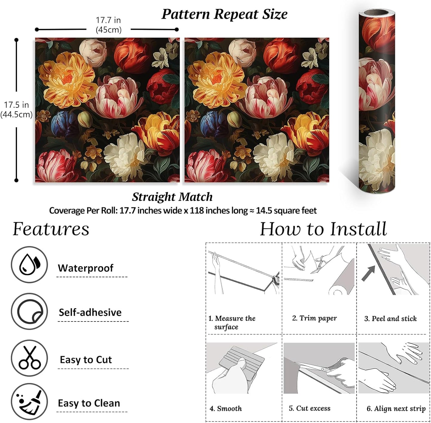 Antique Tulips Floral Peel and Stick Wallpaper for Bedroom Bathroom N48948