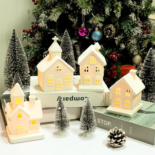 7PCS Christmas Village Sets - 3 LED Lighted Ceramic Houses with Remote & 4 Trees, Porcelain Miniature Decorations X236956