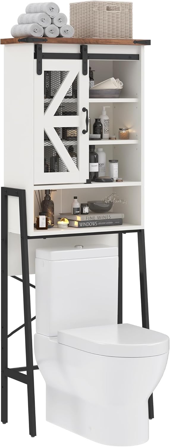 Over The Toilet Storage Cabinet with Adjustable Shelves and Barn Door T63503