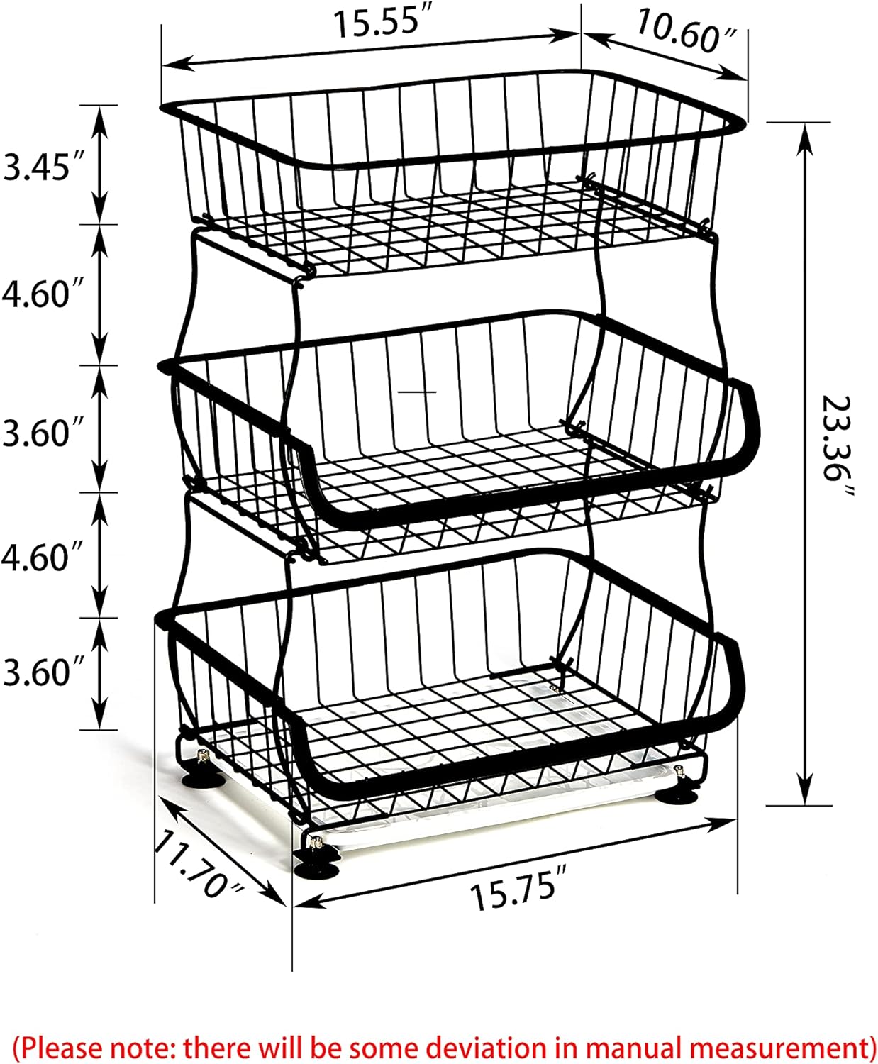 3 Tier Fruit Basket Stand with Wheels, Metal Storage Cart for Kitchen Pantry Q358527