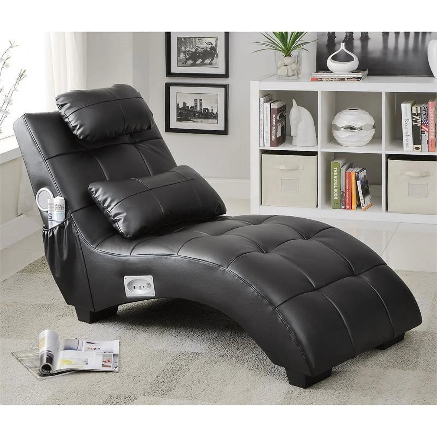 Black Upholstered Chaise with Lumbar Pillow and Bluetooth Z397547