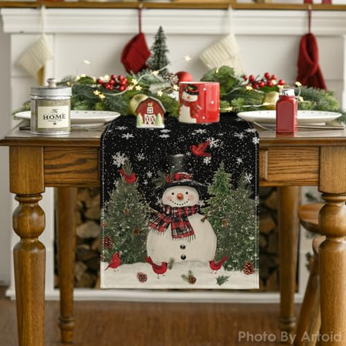 Snowman Christmas Birds Trees Table Runner, Winter Holiday Kitchen Dining Table Decoration, 13 x 72 Inch Z2031