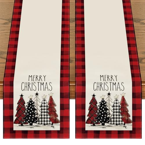 Buffalo Plaid Christmas Trees Table Runner, Winter Holiday Kitchen Dining Decor, 13 x 108 Inch A940