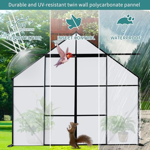 8x10FT Walk-in Greenhouse with Double Sliding Doors, Polycarbonate Panels, Aluminum Frame T7688