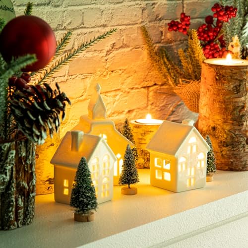 7 Pcs Christmas Miniature Porcelain Village Sets Tabletop Figurine LED House Decorations N8533