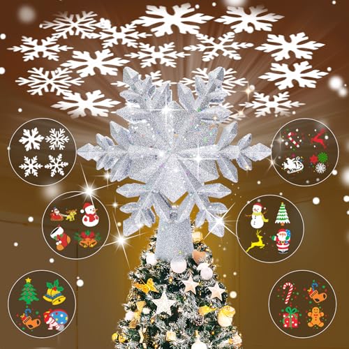 Silver 3D Glitter Christmas Tree Topper with LED Rotating Lights Q176