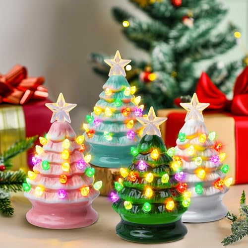 5 Inch Mini Ceramic Christmas Tree Set - 4 Pack Pre-lit Tabletop with Multicolored LED Lights H9498