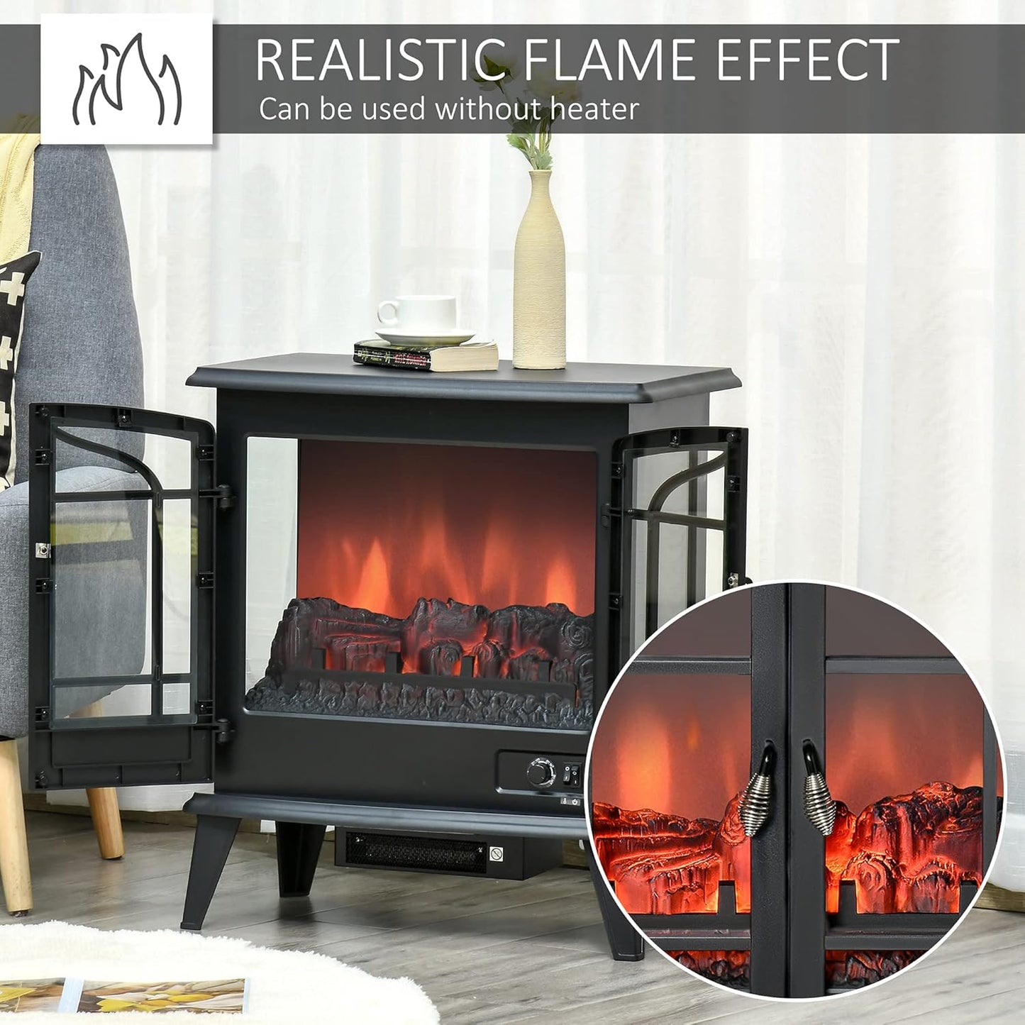 Electric Fireplace Heater, Freestanding Stove with LED Flames, 1400W, Black U41147