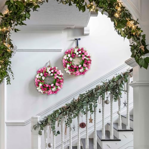 20 Inch Tulip Wreath with Green Leaves for Front Door Spring Summer Decor U547
