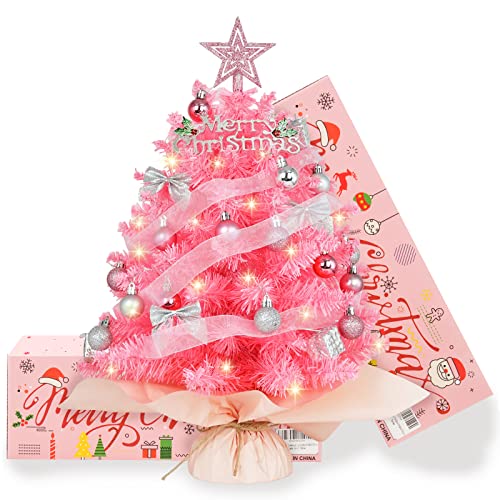 20" Mini Pink Christmas Tree, Artificial Small Christmas Tree with Lights, Tabletop Christmas Tree with Star Treetop,Bow Boxes and Ball Ornaments for DIY Christmas Decoration (Pink)