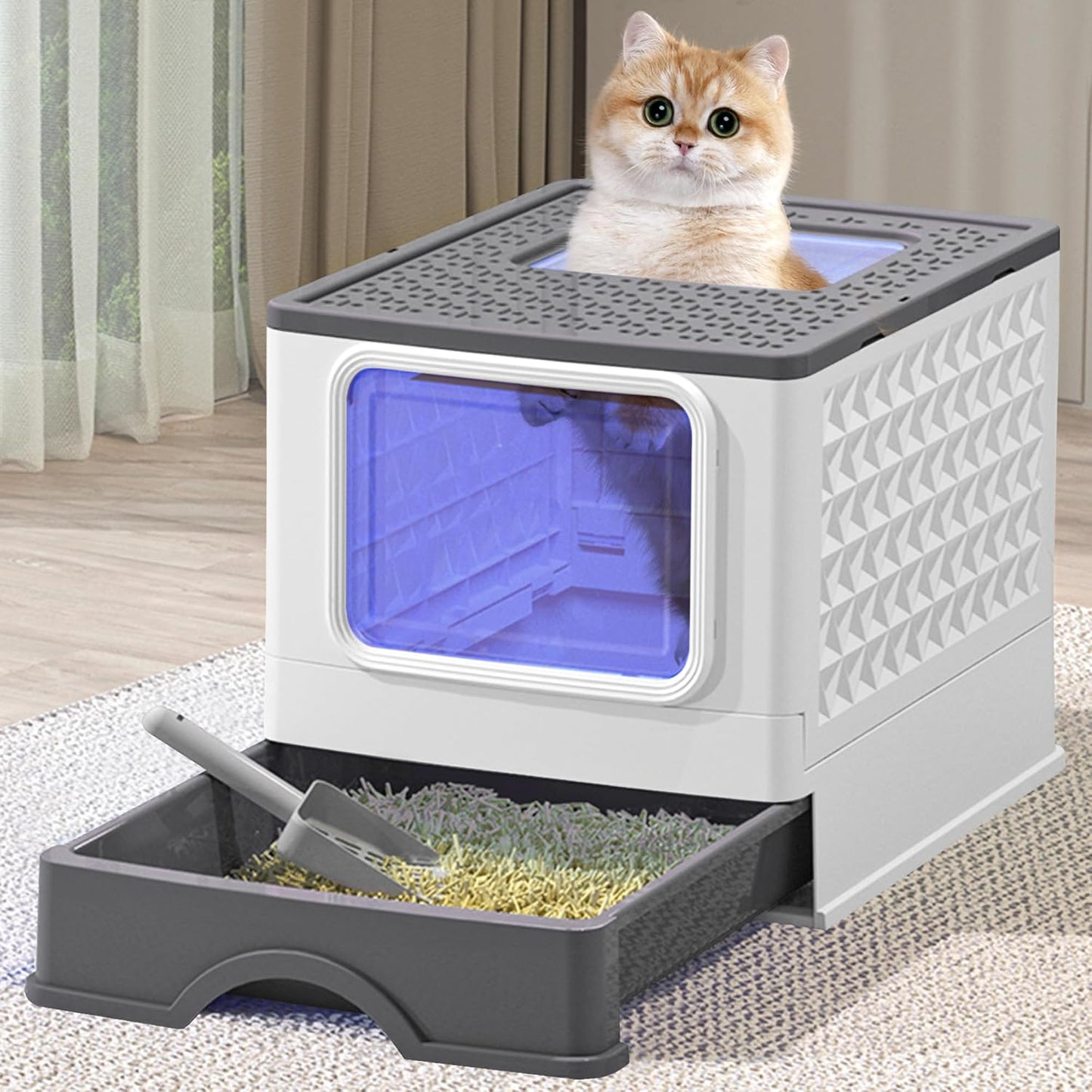Foldable Cat Litter Box with UV, Enclosed Plastic Cat Litter Box with Handy Litter Scoop, Top Exit Anti-Splashing Cat Toilet, Drawer Type Cat Toilet (Light Gray)