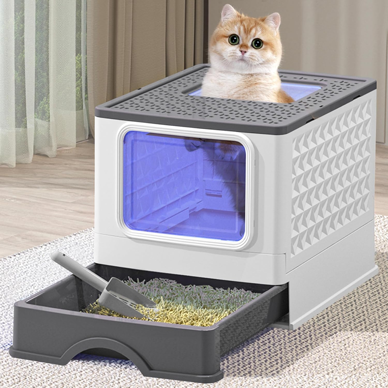Foldable Cat Litter Box with UV, Enclosed Plastic Cat Litter Box with Handy Litter Scoop, Top Exit Anti-Splashing Cat Toilet, Drawer Type Cat Toilet (Light Gray)