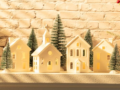 7PCS Christmas Village Sets - 3 LED Lighted Ceramic Houses with Remote & 4 Trees, Porcelain Miniature Decorations X236956