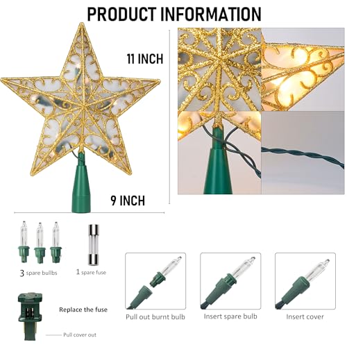 Glitter Christmas Tree Topper with Lights, Gold H661953