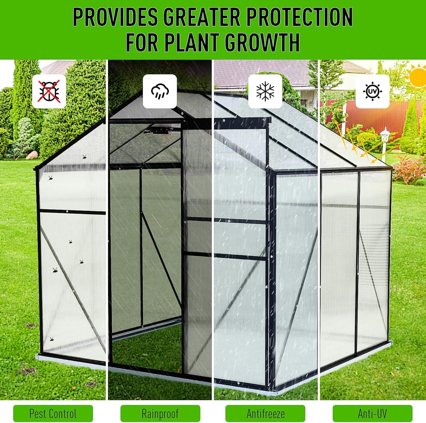 10x6 FT Polycarbonate Greenhouse with Sliding Door and Adjustable Vent Window R286982