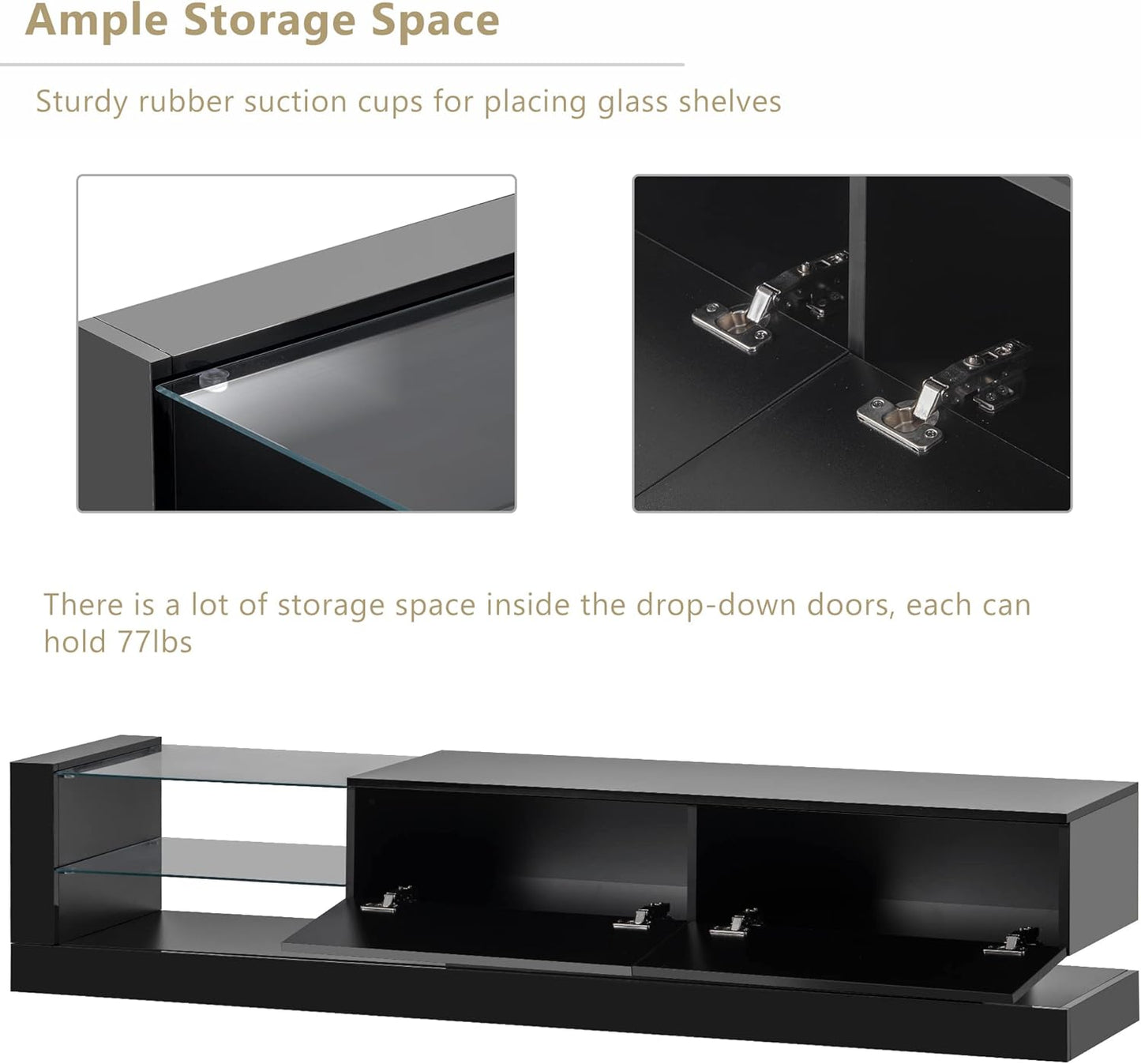 High Gloss TV Stand with LED Lights and 2 Media Storage Cabinets for 75 Inch TV, Black D626049