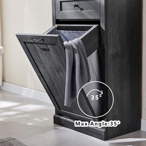 Tilt Out Trash Cabinet with Barn Door, 10 Gallon Garbage Bin and Storage Basket, Dark Grey X67057