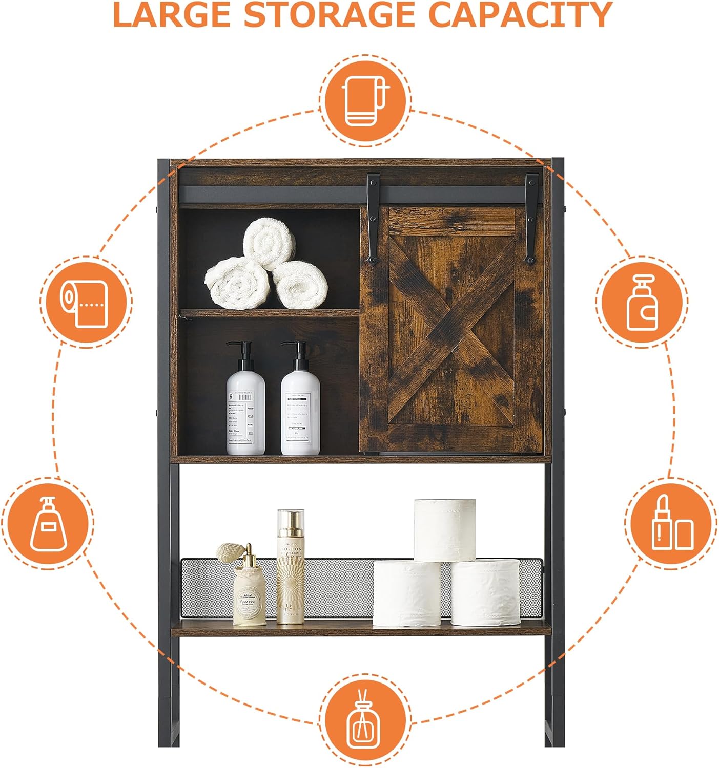 Over The Toilet Storage Cabinet with Sliding Door and Adjustable Shelf, Rustic Brown F7939