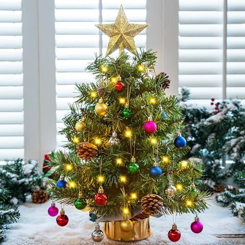 24" Mini Christmas Tree Tabletop Set with LED Lights and Ornaments V8406