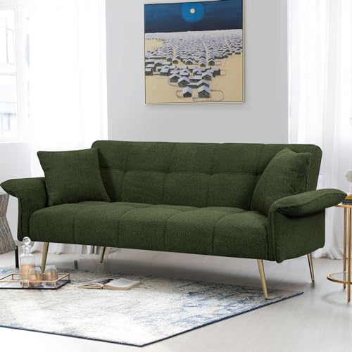 Futon Sofa Bed, Teddy Futon Couch Bed with Convertible Backrest, Modern Futon Couch with Adjustable Armrests, Sofa Bed with Memory Foam for Living Room, Bedroom, Beige