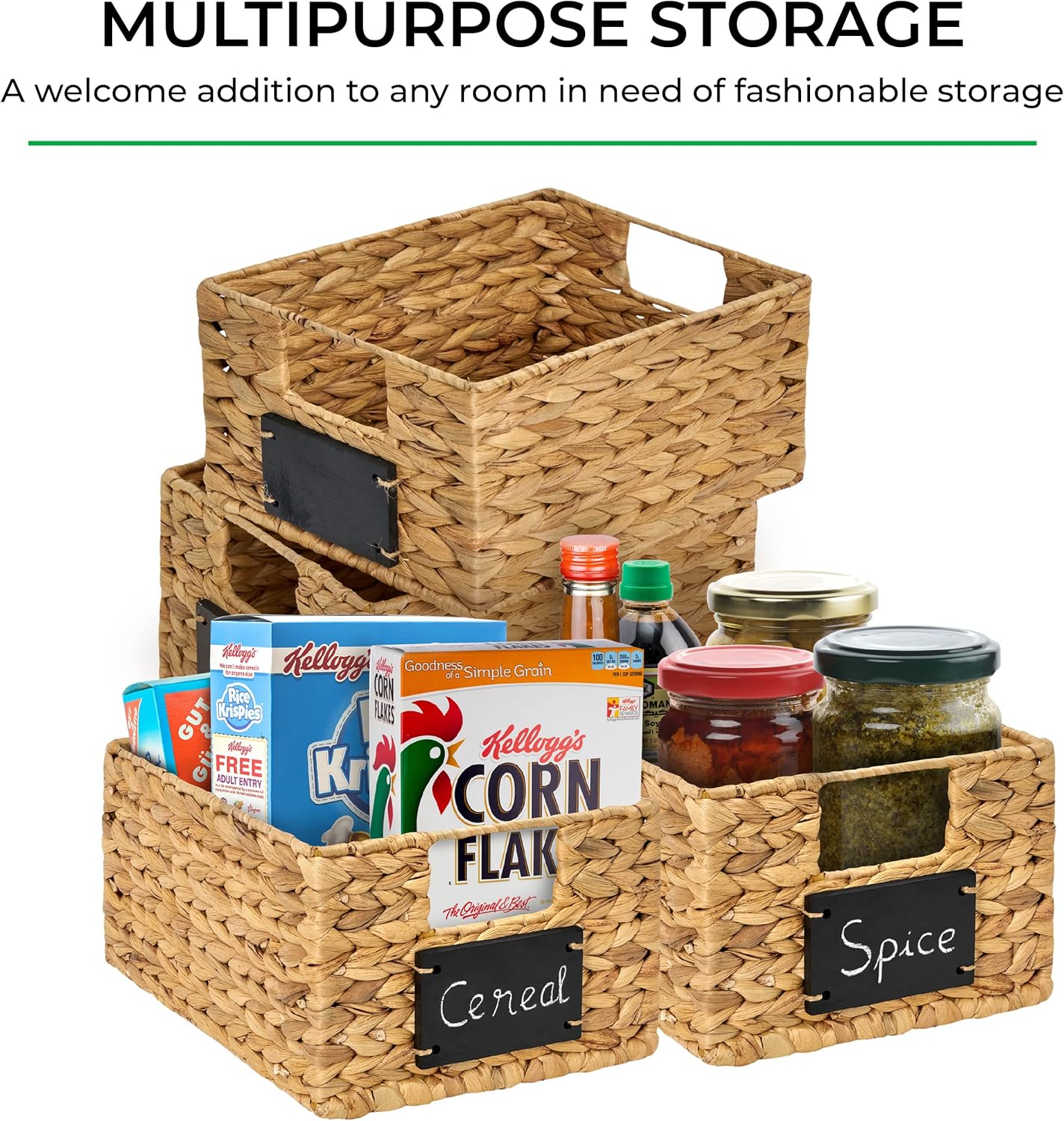 Natural Water Hyacinth Woven Storage Baskets, Rectangular Wicker Basket with Handles, Set of 6 U917104