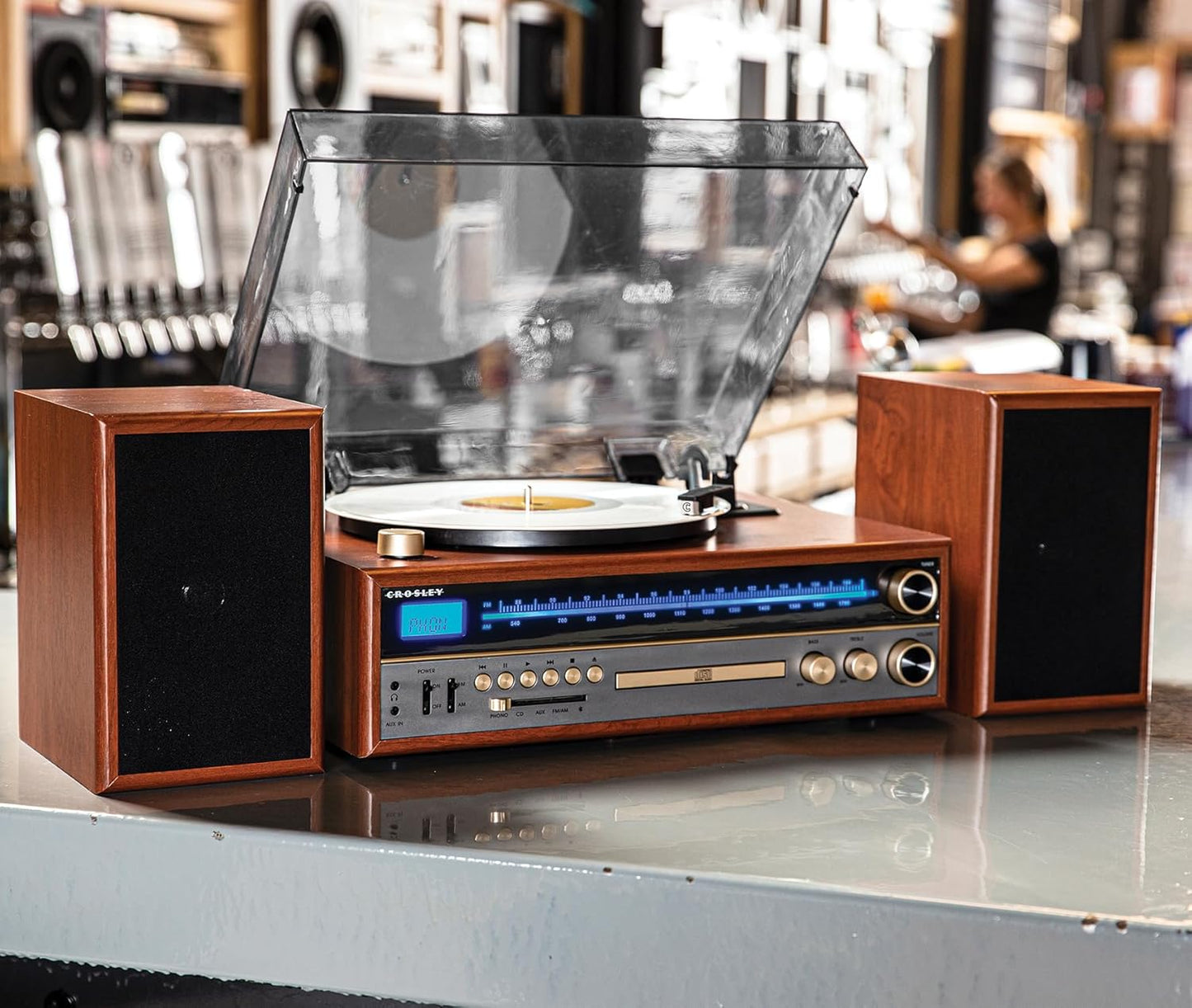 Turntable System with Bluetooth, CD, AM/FM and Speakers, Walnut J8070