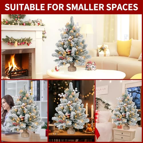 Flocked Artificial Mini Christmas Tree with Lights, Tabletop Decor T336