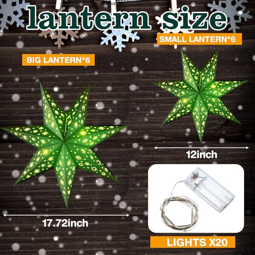 12 Pcs Christmas Paper Star Lantern 9 Point Hanging Ornament with String Light H44991