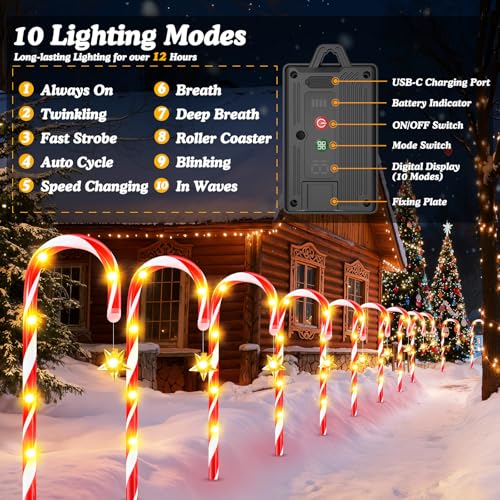 Solar Christmas Candy Cane Lights 24-Pack, Waterproof Outdoor Pathway Decor with 10 Modes Z926129