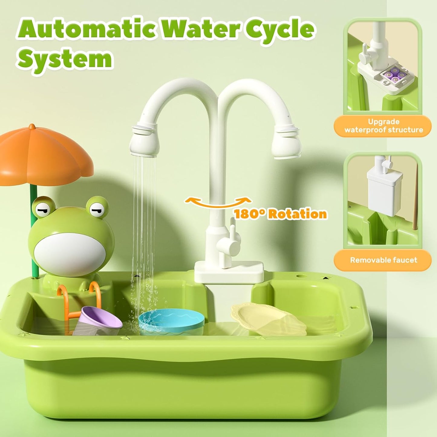 Play Sink with Running Water, Kitchen Sink Toys with Electric Faucet, Kids Pots and Pans Set with Play Food and Storage Basket P99035