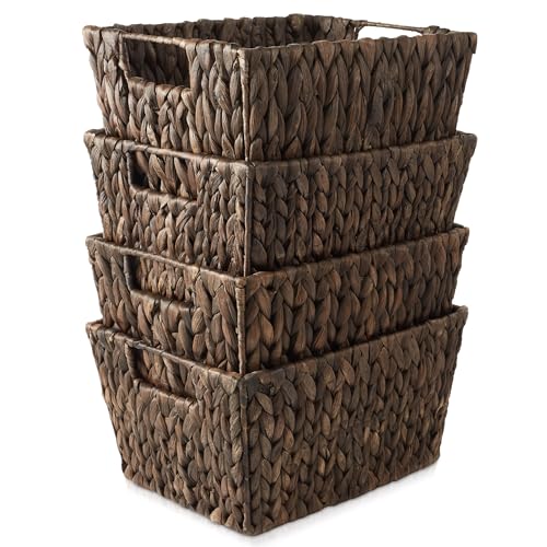 Water Hyacinth Storage Baskets with Handles, Woven Rectangular Bins for Shelves and Laundry X3204