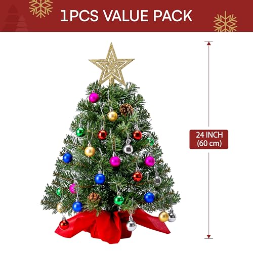24" Mini Christmas Tree Tabletop Set with LED Lights and Ornaments V8406