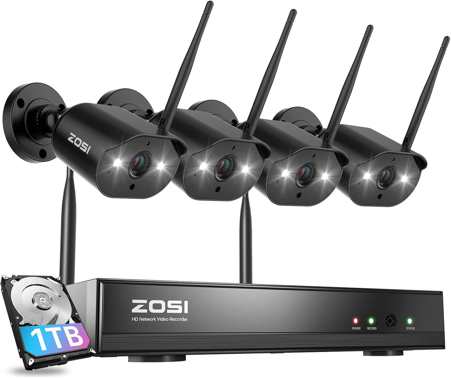 ZOSI 8 Channel 2K Wireless Security Camera System Outdoor Indoor, 4 X 3MP WiFi IP Camera with Color Night Vision, Plug-in, Spotlight, 2-Way Talk, Light & Siren Alarm, 1TB HDD for 24/7 Record