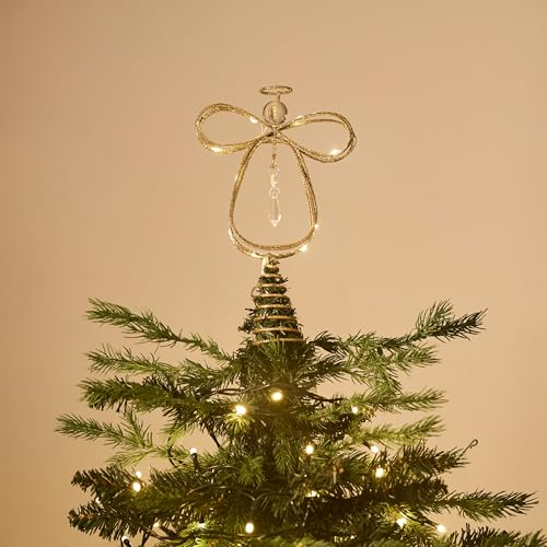 Lighted Christmas Tree Topper Angel with Timer, 10 Inch Pre-Lit Gold Metal I955