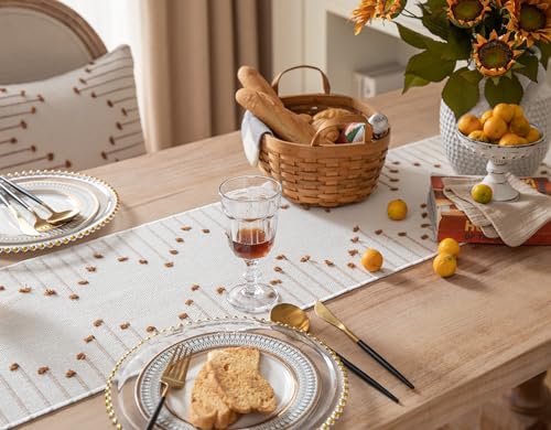 Christmas Table Runner 13 x 90 Inch Natural Cotton Woven with Tassels, Red and Beige U800
